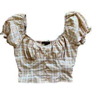 Forever 21 Brown and White Plaid Cropped Slim Blouse